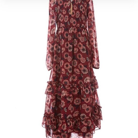 Rare Editions Big Girls Printed Lurex Chiffon Smocked Maxi Dress - Burgundy - Picture 9 of 16